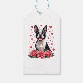 Etiqueta Para Presente Boston Terrier com Corações de Rosas Vermelhas Cam