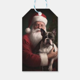 Etiqueta Para Presente Boston Terrier Com Papai Noel Natal Festivo
