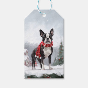 Etiqueta Para Presente Boston Terrier Dog no Natal da neve