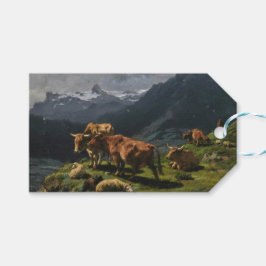 Etiqueta Para Presente Bovinos e Ovinos numa Paisagem Alpina