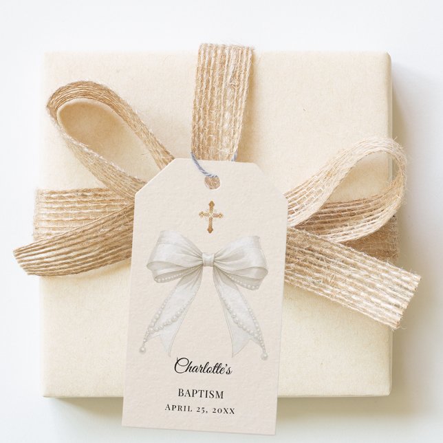Etiqueta Para Presente Bow ivory pearls Baptism DIY (Criador carregado)