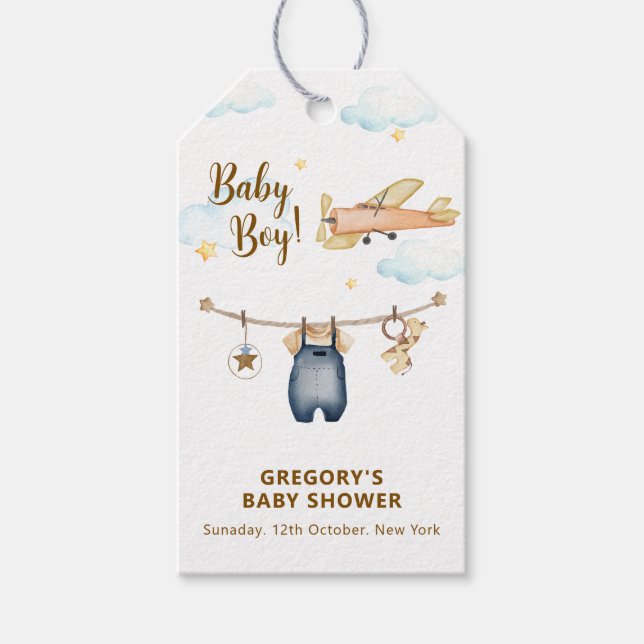 Etiqueta Para Presente Boy Adventure Clothesline Airplane Sky Baby Shower (Frente)