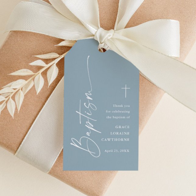 Etiqueta Para Presente Brinquedos Azuis Modernos, Batismo Obrigado (Modern script dusty blue boys baptism thank you favor tag with elegant script and simple type.)