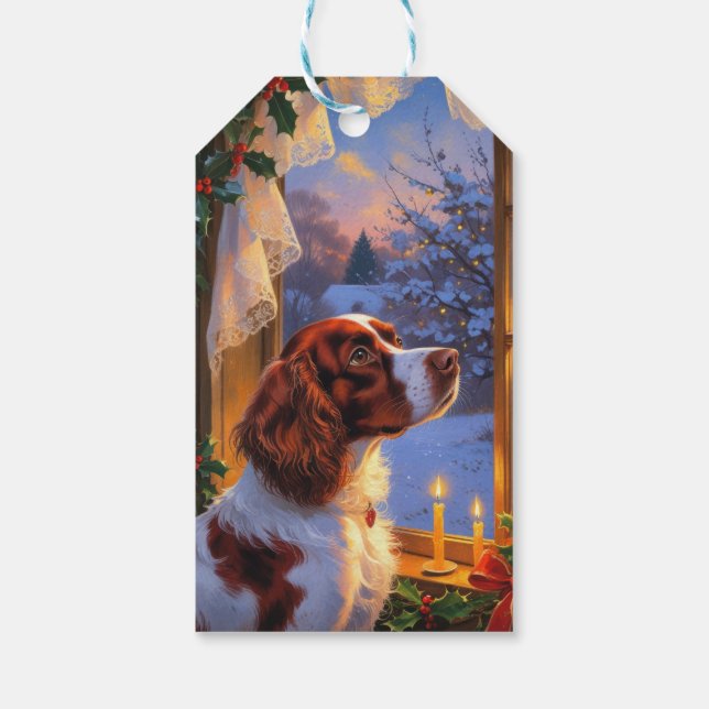 Etiqueta Para Presente Brittany Spaniel com Luzes de Natal Feriado  (Verso)