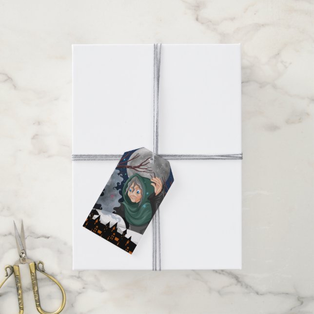 Etiqueta Para Presente Bruxa Assustadora & Casa Assombrada Halloween🌙 (Com cordão)