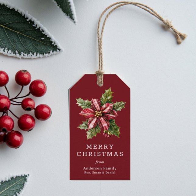 Etiqueta Para Presente Buffalo Plaid Poinsettia Floral Custom Christmas  (Criador carregado)
