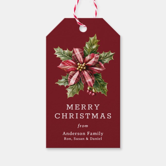 Etiqueta Para Presente Buffalo Plaid Poinsettia Floral Custom Christmas  (Frente)