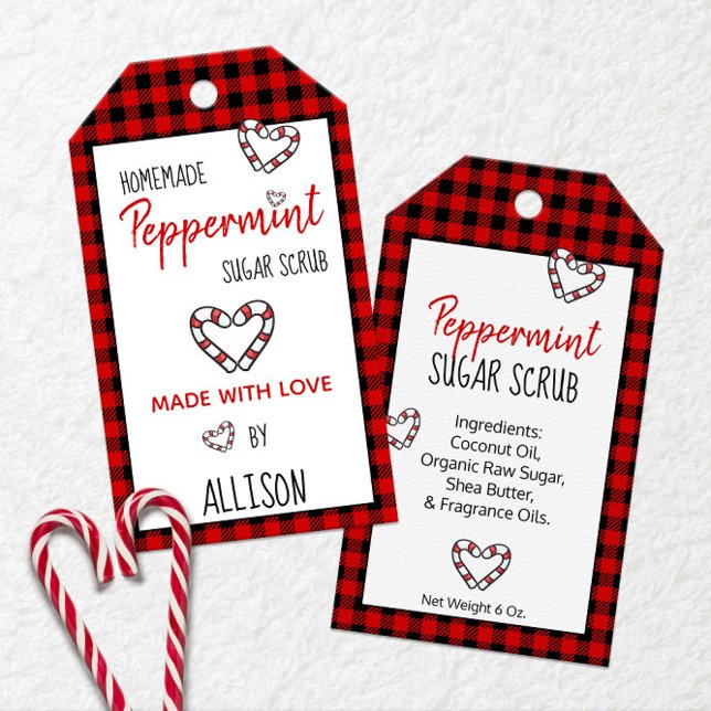 Etiqueta Para Presente Buffalo Xadrez & 🍬 Hortelã Feito Com Amor  (Buffalo Plaid & 🍬 Peppermint Made With Love Gift Tags
)