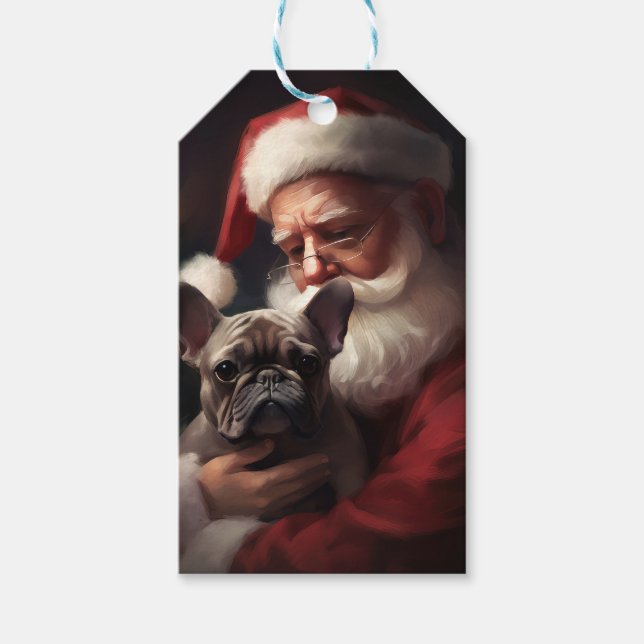 Etiqueta Para Presente Buldogue Francês com Papai Noel Natal Festivo (Frente)