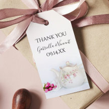 Bule de chá e rosas cor-de-rosa Marcas de Favor do