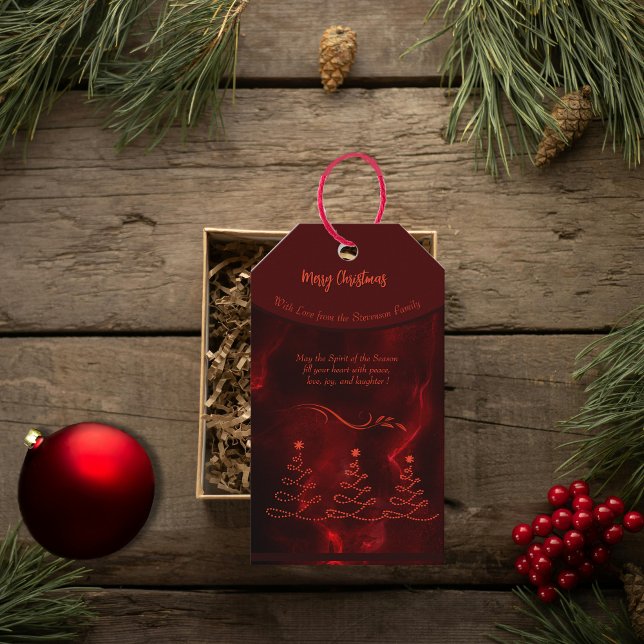Etiqueta Para Presente Burgundy de Árvores de Natal Elegante (Elegant Christmas Trees burgundy Gift Tags)