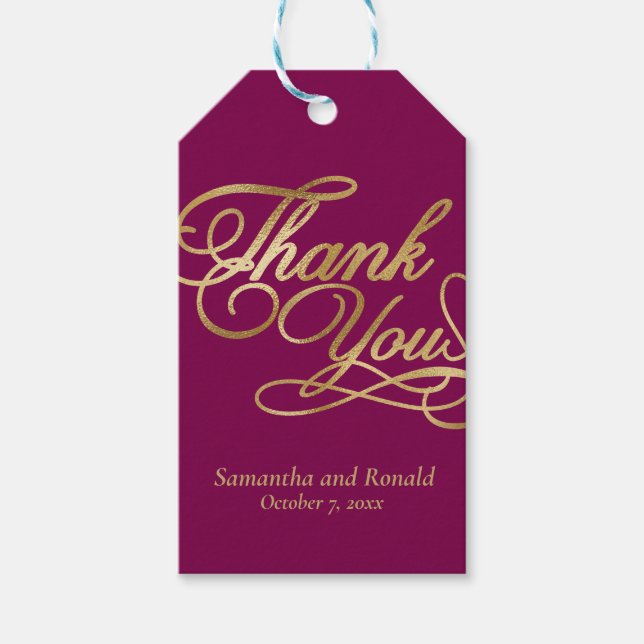 Etiqueta Para Presente Burgundy & Gold Foil Thank You Calligraphy Wedding (Frente)