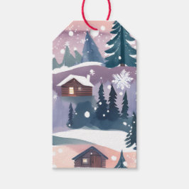 Etiqueta Para Presente Cabana na Montanha Nevada Aquarela