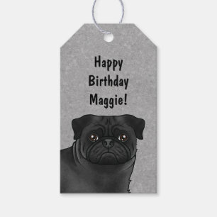 Etiqueta Para Presente Cabeça de Cachorro Pug Preto Close-up Feliz Aniver