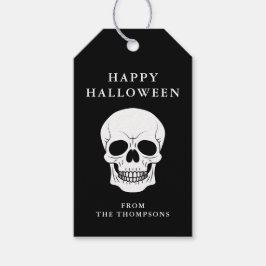 Etiqueta Para Presente Cabeça de Caveira Branca em Preto Feliz Halloween