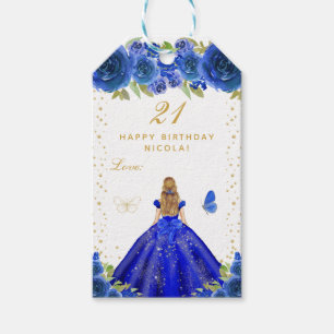 Etiqueta Para Presente Cabelo Loiro Floral Azul Garota Feliz Aniversário