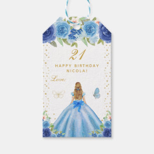 Etiqueta Para Presente Cabelo Loiro Floral Azul Garota Feliz Aniversário