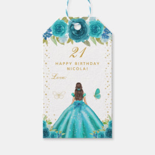 Etiqueta Para Presente Cabelo Moreno Floral Turquesa Garota Feliz Anivers
