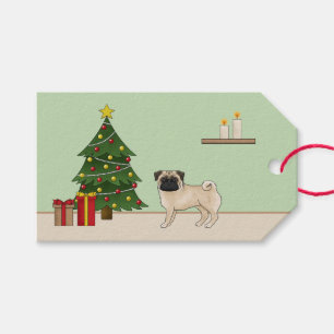 Etiqueta Para Presente Cachorrinho Fofo de Pug com uma Árvore de Natal em