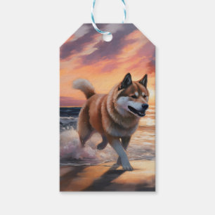 Etiqueta Para Presente Cachorro Akita Sandy Paws no pôr do sol da praia