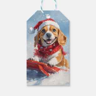 Etiqueta Para Presente Cachorro Beagle no Trenó Fazer Neve Natal