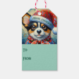 Etiqueta Para Presente Cachorro de Natal Cachorro Puppy com Santa Hat