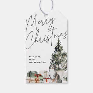 Etiqueta Para Presente Cachorro Desenho Mão e Árvore Xmas Feliz Feriado
