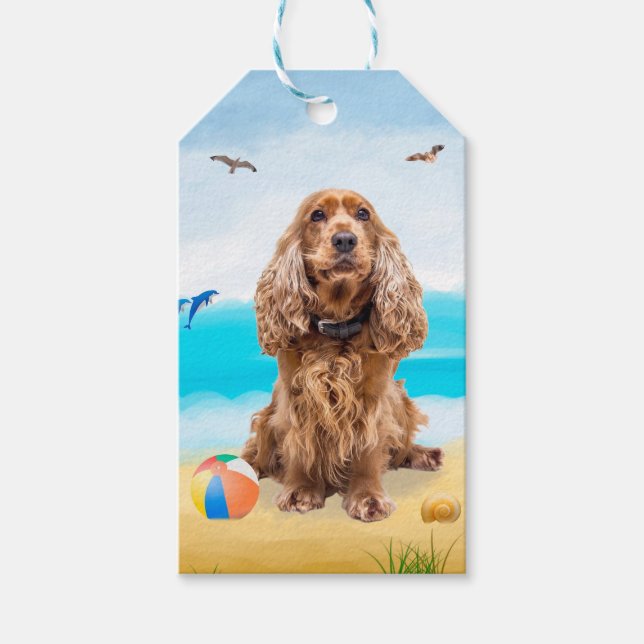 Etiqueta Para Presente Cachorro do Cocker Spaniel em Praia (Frente)