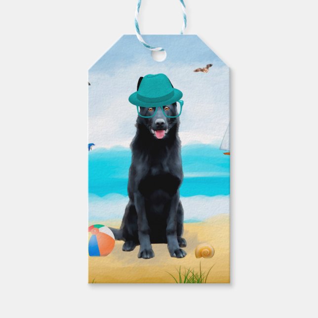 Etiqueta Para Presente Cachorro German shepherd Negro na praia (Frente)