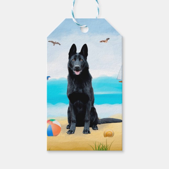 Etiqueta Para Presente Cachorro German shepherd Negro na praia (Frente)