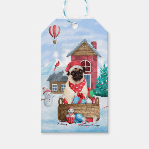Etiqueta Para Presente Cachorro Pug na casa de Natal na neve