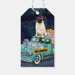 Etiqueta Para Presente Cachorro Pug no Caminhão de Halloween Noite Assust