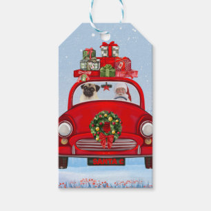 Etiqueta Para Presente Cachorro Pug no carro com Papai Noel