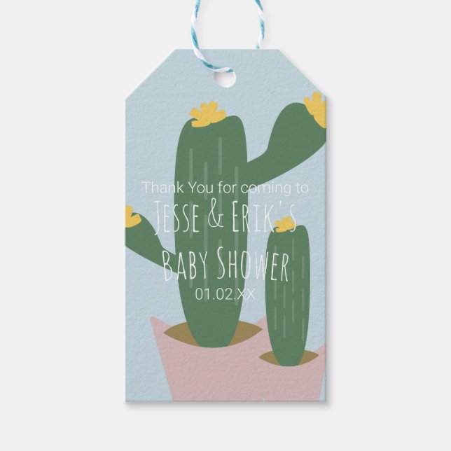 Etiqueta Para Presente Cactus Cupcakes  Chá de Bebê Obrigado Azul (Frente)