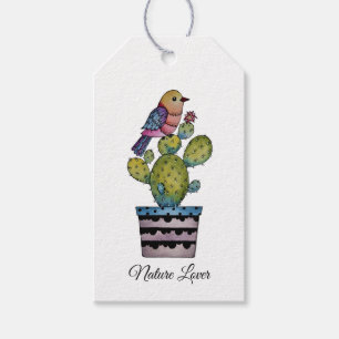 Etiqueta Para Presente Cactus E Ave Arco-Íris Em Aquarela