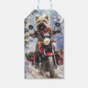 Etiqueta Para Presente Cairn Terrier Dog Dirigindo motocicleta Natal
