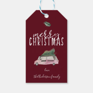 Etiqueta Para Presente Caligrafia Feliz Van de Natal e Árvore Holly Red