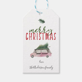 Etiqueta Para Presente Caligrafia Feliz Van de Natal e Árvore Verde Verme