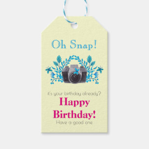 Etiqueta Para Presente Câmera Com Folhas Azuis E Borboletas Aniversário