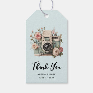 Etiqueta Para Presente Câmera com Imagem Retro Pastel de Flores Casamento
