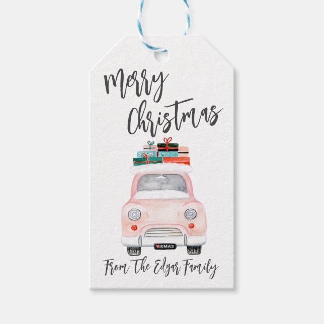 Etiqueta Para Presente Caminhão Rosa com Presentes Feliz Natal Feriado (Frente)