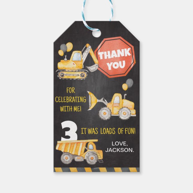 Etiqueta Para Presente Caminhões de Construção Aniversário Obrigado Etiqu (Frente)