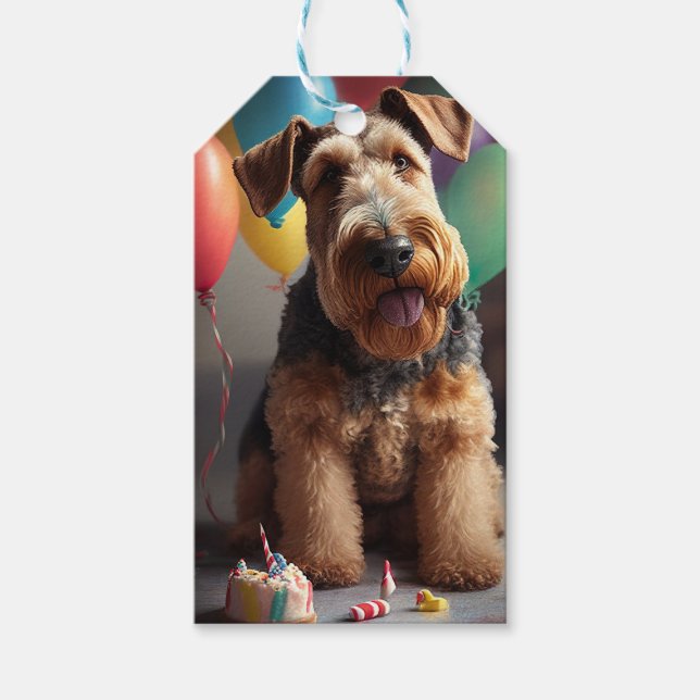 Etiqueta Para Presente Cão Airedale com bolo e balões (Frente)
