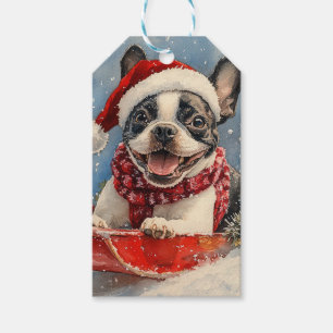 Etiqueta Para Presente Cão Boston Terrier no Trenó Deixe Nevar Natal