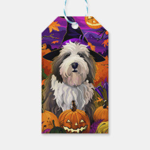 Etiqueta Para Presente Cão de Ovelha do Inglês Antigo Halloween Bruxa Abó
