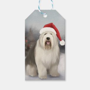 Etiqueta Para Presente Cão de Pastoreio Inglês Antigo na Neve Natal
