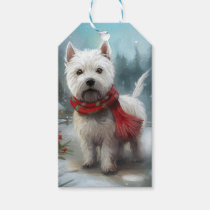 Etiqueta Para Presente Cão Terrier Branco do West Highland na Neve Natal