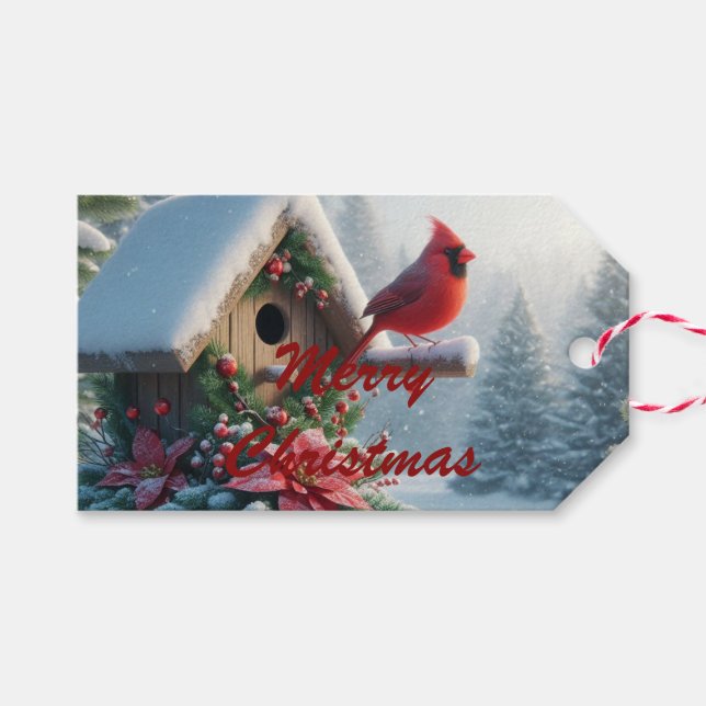 Etiqueta Para Presente Cardeal de inverno em um abrigo festivo (Frente (horizontal))