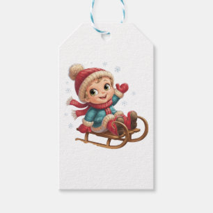 Etiqueta Para Presente Carona de trenó de Natal com uma criança de invern
