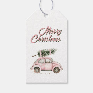 Etiqueta Para Presente Carro Bug Rosa com Árvore de Natal